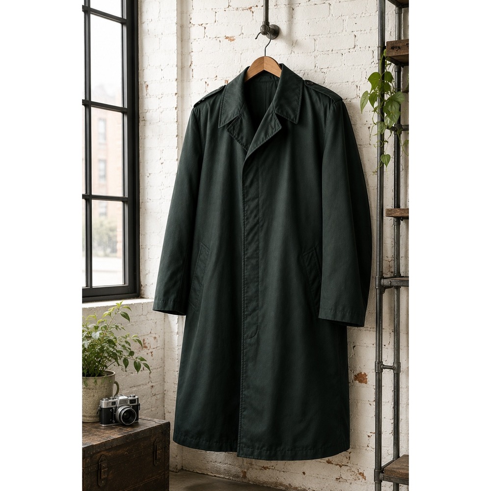Vintage 1969 Military Style Raincoat Mens‎ XL Dark Green Trench Coat Spycore